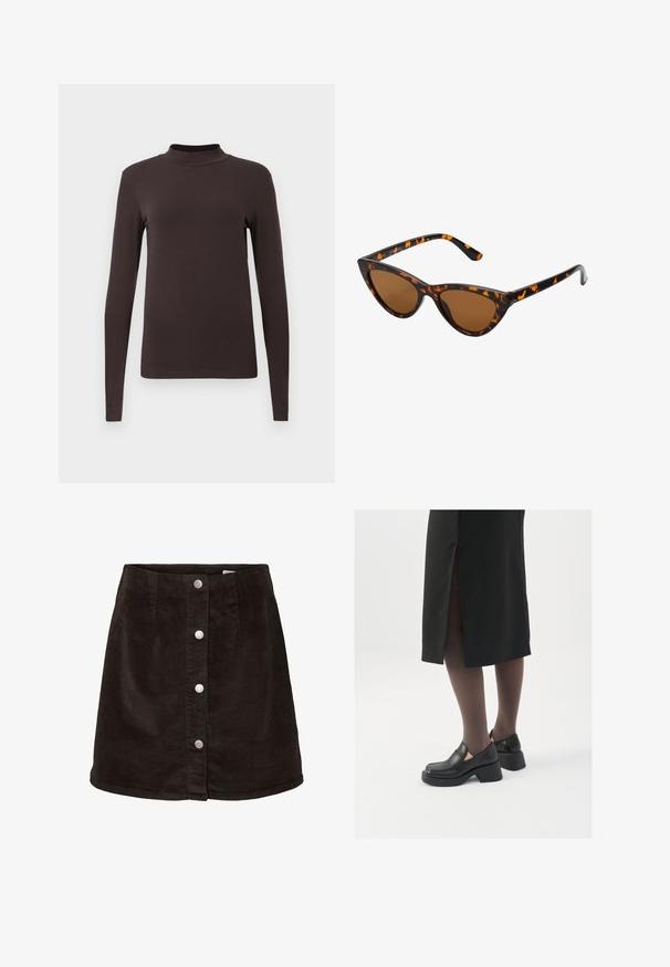 Hosszú ujjú garbó felső sötétbarna anyagból. Fitted fazonú és sima textúrájú, látható minták vagy fém elemek nélkül.; Sötétbarna kordbársony A-vonalú szoknya, az elején öt ezüst színű patentgombbal és enyhe kiszélesedéssel a szegélyén.; Fekete bőr cipők lekerekített orral, vastag blokk sarkakkal és elasztikus oldalsó díszítésekkel, sötét harisnyával és hasítékkal ellátott fekete szoknyával párosítva.; Cica szemüveg fekete és narancssárga teknőc pánttal, barna lencsékkel és sima, hegyes végekkel. A templomán egy minimalista logó található.