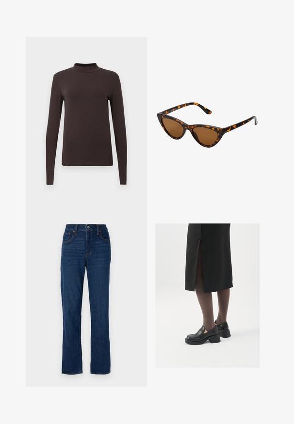 Langsleeve coltrui gemaakt van donkerbruin stof. Heeft een aansluitend ontwerp en een gladde textuur zonder zichtbare patronen of hardware.; Donkerblauwe denim recht gesneden jeans met een vijfzakkenontwerp, oranje stiksels en een knoopsluiting bij de tailleband.; Zwarte leren schoenen met een ronde neus, dikke blokhak en elastische zijkanten, gecombineerd met donkere panty's en een zwarte rok met een split.; Cat-eye zonnebril met een zwart en oranje schildpadframe, bruine lenzen en slanke, puntige uiteinden. Bevat een minimalistisch logo op de poot.