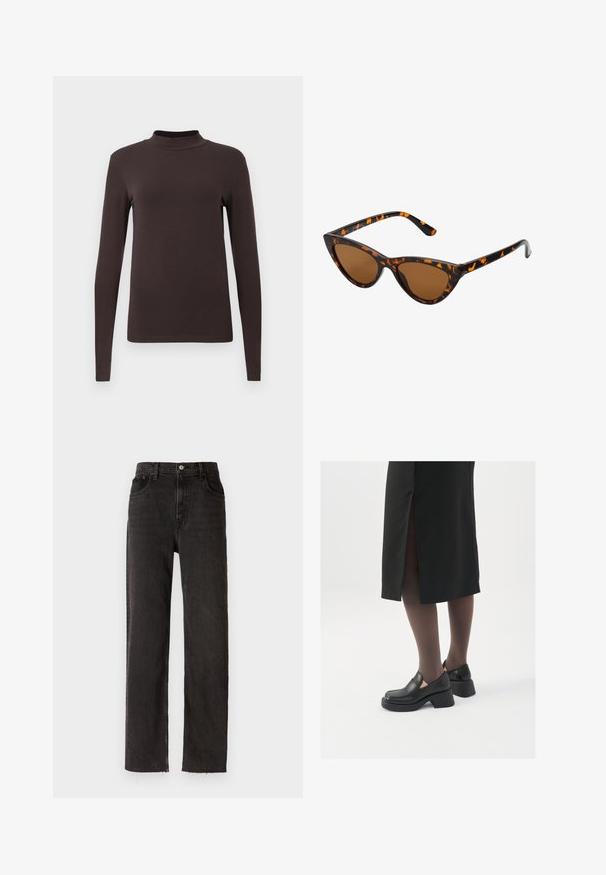 Μακρυμάνικο τοπ τυλιγμένου λαιμού φτιαγμένο από σκούρο καφέ ύφασμα. Διαθέτει εφαρμοστή σχεδίαση και λεία υφή χωρίς ορατά σχέδια ή μεταλλικά στοιχεία.; Μαύρο τζιν παντελόνι με ίσια γραμμή, διαθέτει ψηλή μέση, στυλ πέντε τσεπών και λεπτομέρειες ακατέργαστου στριφώματος.; Μαύρα δερμάτινα παπούτσια με στρογγυλή μύτη, χοντρό τετράγωνο τακούνι και ελαστικές πλάγιες λεπτομέρειες, συνδυασμένα με σκούρες καλσόν και μια μαύρη φούστα με σχίσιμο.; Γυαλιά ηλίου τύπου cat-eye με μαύρο και πορτοκαλί καβούκι, καφέ φακούς και κομψές, μυτερές άκρες. Φέρουν ένα μίνιμο λογότυπο στο βραχίονα.