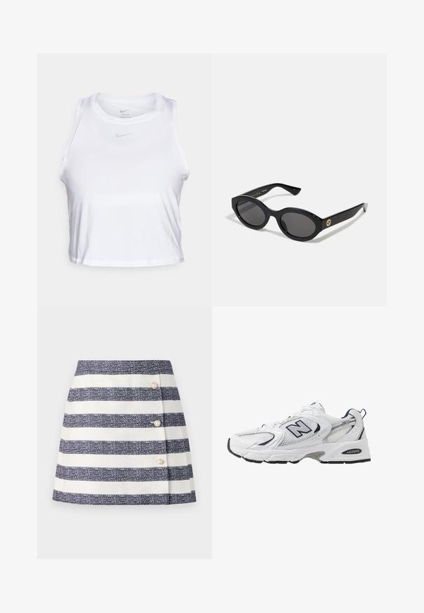 Balts bezpiegu krekls ar īsu garumu, izgatavots no gludas Dri-FIT auduma. Iezīmēts ar mazu pelēku Nike logotipu uz krūšu daļas un apaļu kakla izgriezumu.; Raiņota A formas svārki jūras zilā un baltā krāsā, izgatavoti no teksturēta auduma. Ir trīs pērļu pogas sānos.; Baltas sporta apavs ar sietveida augšpusi, jūras zilām akcentiem un mīkstu zoli. Iezīmē "N" logo, šņores un teksturētu detaļu sānos.; Melnas ovālās saulesbrilles ar tumšiem stikliem un spīdīgu plastmasas rāmi. Iezīmētas ar zelta logo uz tempļa, nodrošinot elegantu un modernu dizainu.
