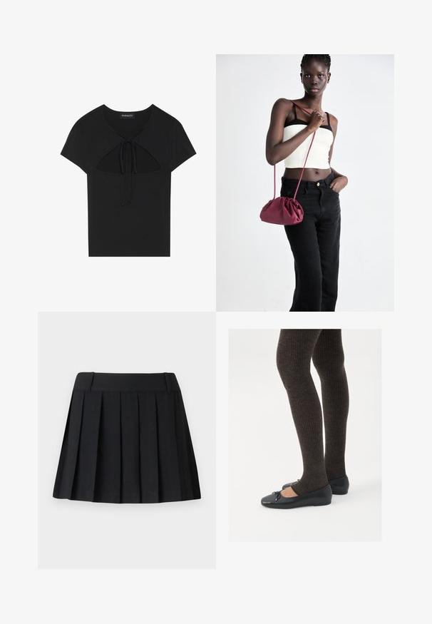 Schwarz, kurzärmliges Oberteil mit rundem Halsausschnitt, das über ein Cut-out-Detail und eine Bindeschleife auf der Vorderseite verfügt. Hergestellt aus weichem, leichtem Stoff.; Schwarzer plissierter Rock mit maßgeschneidertem Bund, aus leichtem Stoff gefertigt. Verfügt über gleichmäßig verteilte Falten und ein schlichtes, sauberes Design.; Schwarze flache Schuhe mit einem kleinen Schleifendetail an der Zehe, kombiniert mit dunkelbraunen gerippten Strumpfhosen. Die Schuhe haben eine glatte Textur und ein niedriges Profil.; Burgunderfarbene Handtasche aus weichem Stoff mit gerafftem Design und langem Trageriemen, quer über den Körper getragen. Das Modell trägt ein weißes Crop-Top und schwarze Jeans.