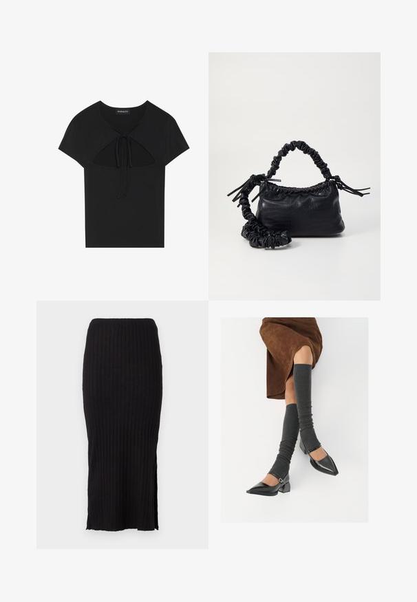 Črna majica s kratkimi rokavi in okroglo ovratnico, ki ima izrez in zavezan zaključek spredaj. Narejena iz mehke, lahke tkanine.; Črna rebrasta pletena krila z ravno silhueto, stranskimi razporki na robu in mehkobo za udoben fit.; Črne lakirane čevlje s pointy prsti in blok peto ter z naramnicami za gleženj, ki jih kombiniramo s sivimi rebrastimi nogavicami in rjavim suknjičem iz usnja.; Črna torbica iz umetnega usnja s krokodilovo teksturo, z zvitim vrhom in zmečkano naramico. Zdi se mehka in kompaktna v oblikovanju.