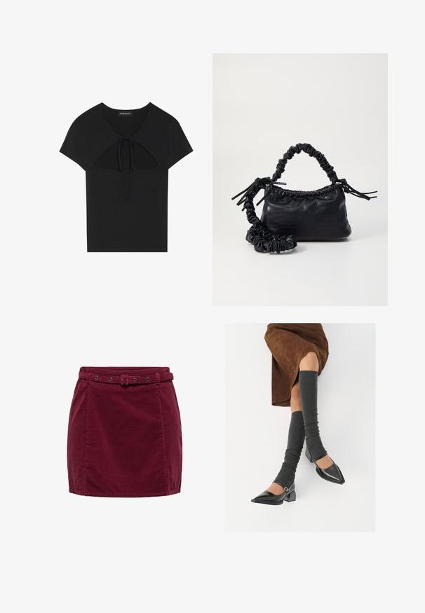 Top negru cu mâneci scurte și decolteu rotund, prezentând un detaliu decupat și închidere cu fundiță în față. Confeționat dintr-un material moale și ușor.; Fustă mini din catifea burgundy cu curea asortată, având o cataramă rectangulară și ochiuri metalice, cu mici slituri pe lateralele tivului.; Pantofi negri din piele lacuită, cu vârful ascuțit, toc bloc și curea la glezna, asortați cu jambiere gri cu nervuri și o fustă din suede maro.; Geantă din faux leather neagră cu textură de crocodil, cu partea superioară strânsă și o curea mototolită. Pare moale și compactă ca design.