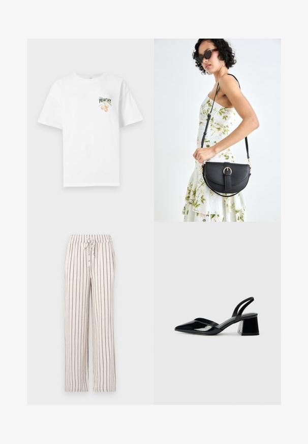 Bijela pamučna majica s opuštenim krojem, s grafikom u zelenoj i breskvastoj boji te natpisom "Just Peachy" sprijeda. Kratki rukavi.; Linen hlače s vertikalnim mornarsko plavim prugama, elastičnim pojasom i detaljem na vezanje. Labavog kroja s ravnim nogavicama i mekanim teksturama.; Crne lakirane kožne sandale s otvorenom petom i špicastim vrhom, s geometrijskom blok petom. Imaju elegantan, minimalistički dizajn i glatku teksturu.; Crna kožna torba s lukovitim oblikom, odvojivim remenom i zlatnim detaljima. Torba ima preklop s kopčom.