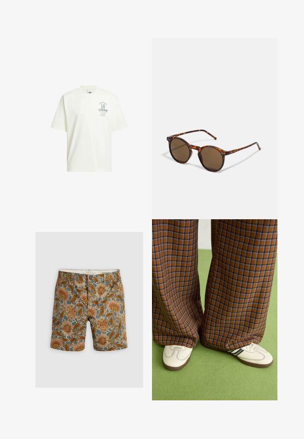 Balta kokvilnas T-kreklu ar apaļu kakla izgriezumu, īsām piedurknēm un grafisku druku ar tekstu "Adidas" un "Los Angeles" zaļā krāsā.; Rakstainas šortus ar zilu fonu un ziedu motīviem brūnā, oranžā un krēmkrāsā. Izgatavoti no kokvilnas ar pogu aizdari.; Brūni un zili rūtaini platās kājas bikses, kas savienotas ar baltām kurpēm ar melniem akcentiem un teksturētām zolēm, uz zaļa fona.; Apaļas saulesbrilles ar bruģēto rāmi un brūniem lēcu. Raksturīgas plānas kājas ar vieglu tekstūru un metāla akcentiem tuvumā pie lēcām.