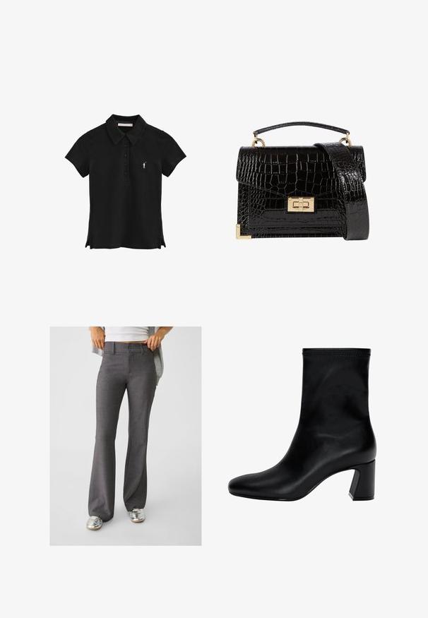 Polo nero con collo a camicia, maniche corte, pattina a cinque bottoni, spacchi laterali e logo ricamato bianco sul petto.; Pantaloni grigi a zampa d'elefante realizzati in tessuto testurizzato, con chiusura a due bottoni e passanti per la cintura, abbinati a sneakers argentate lucide.; Stivaletto nero fino alla caviglia in pelle liscia. Presenta una punta quadrata, un bordo elastico e un tacco robusto per la stabilità. Design minimalista.; Borsa a tracolla nera in pelle verniciata con texture a coccodrillo, hardware dorato, manico superiore e una tracolla removibile. Forma rettangolare con chiusura a patta.