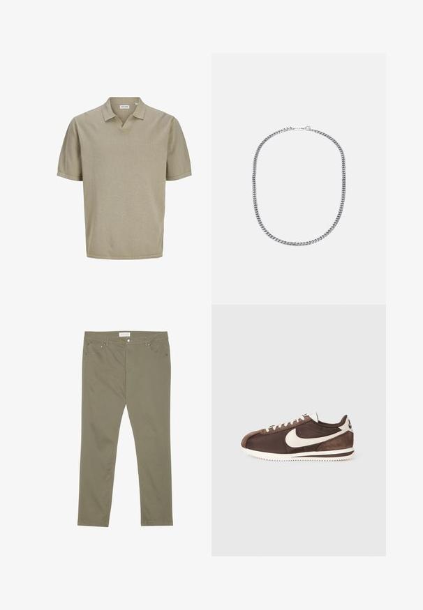 Beige īsām piedurknēm polo krekls ar teksturētu apdari, ar V veida kakla izgriezumu un plakanu apkakles dizainu. Vienkāršas, tīras līnijas bez redzamām debesīm.; Olīvu zaļas sieviešu bikses, izgatavotas no kokvilnas maisījuma. Ar pieguļošu piegriezumu, priekšējiem kabatām un kontrastējošiem šuvju akcentiem.; Brūni sporta apavi, kas veidoti no miksa zamšiem un auduma, ar baltu Nike žaketu un strukturētu gumijas zoli.; Sudraba metāla ķēdes kaklarota, kurai ir biezas, savstarpēji savienotas saites, pulēta virsma un mazs aizdare ar zīmola detāli.