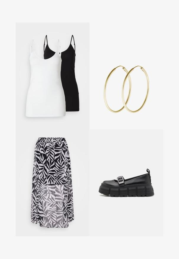 Dve ženske majice brez rokavov: ena bela in ena črna, narejeni iz mehkega materiala, z majhnimi naramnicami in globokim V-izrezom.; Krilo s motivom listov v črno-beli barvi, izdelano iz lahkega, teksturiranega blaga, s elastičnim pasom in dolžino do tal.; Črne platformske loafer čevlje s zaobljenim nosom, gladkim usnjem, nastavljivo sponko in rebrastim gumijastim podplatom s horizontalnimi reberci.; Zlate obročaste uhane z gladkim, zaobljenim dizajnom in sijočo končno obdelavo. Lahka konstrukcija z varnim zapiranjem.