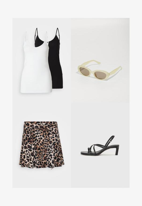 Két női top: az egyik fehér, a másik fekete, puha anyagból készült, vékony pántokkal és mély V-kivágással.; Leopárdmintás, bővülő szoknya, világos háttérrel, barna és fekete árnyalatokkal. Puha, sima tapintású anyag.; Fekete pántos szandál négyzetes orral és alacsony blokk sarkal. Több vékony pánttal és állítható boka pánttal rendelkezik. Sima bőrből készült.; Ovális napszemüveg áttetsző, halvány sárga kerettel és barna lencsékkel. A keret sima textúrájú, oldalán diszkrét fém részletekkel.