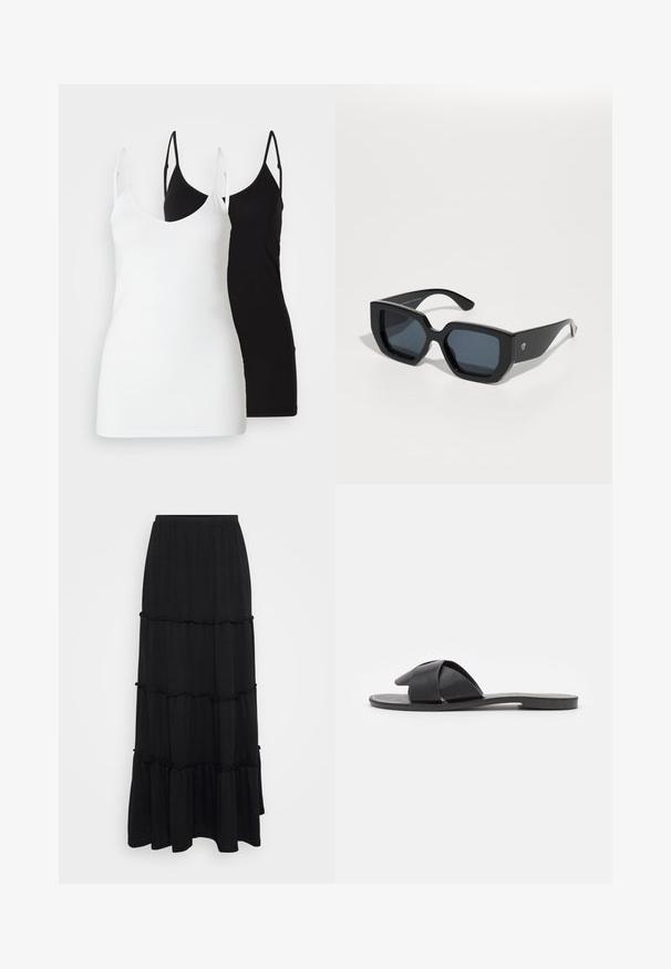 Du moteriški marškiniai be rankovių: vieni balti, kiti juodi, pagaminti iš minkštos medžiagos, su plonomis petnešėlėmis ir giliu V formos iškirpimu.; Juodas maksi sijonas iš lengvos medžiagos, su trimis sluoksniais, puoštais volanėliais ir elastinga juosta, užtikrinančia patogumą.; Juodos slip-on šlepetės su kryžminėmis dirželiais. Pagamintos iš lygios odos, su plokščiomis padais ir minimaliais siūlais. Paprastas, atviras pirštų dizainas.; Juodos didelės saulės akinių su geometriniu raštu, stačiakampiais objektyvais ir blizgiu paviršiumi. Nėra matomo prekės ženklo priekyje.