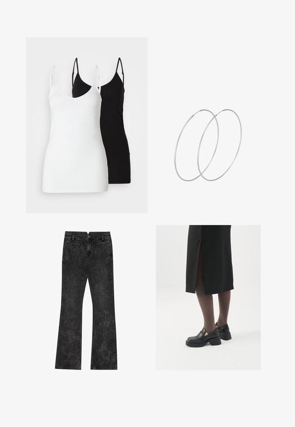 Dve ženske majice brez rokavov: ena bela in ena črna, narejeni iz mehkega materiala, z majhnimi naramnicami in globokim V-izrezom.; Črne široke kavbojke z raztrgano teksturo, ki imajo gumbasto zapenjanje, zanke za pas in štiri žepke.; Črne usnjene čevlje s zaobljenim prstom, debelim blokastim petama in elastičnimi stranskimi detajli, v kombinaciji s temno nogavicami in črno krilo z razporkom.; Srebrne uhane v obliki obroča z minimalističnim dizajnom. Krožna oblika, gladka tekstura in tanek profil. Lahki s poliranim zaključkom.