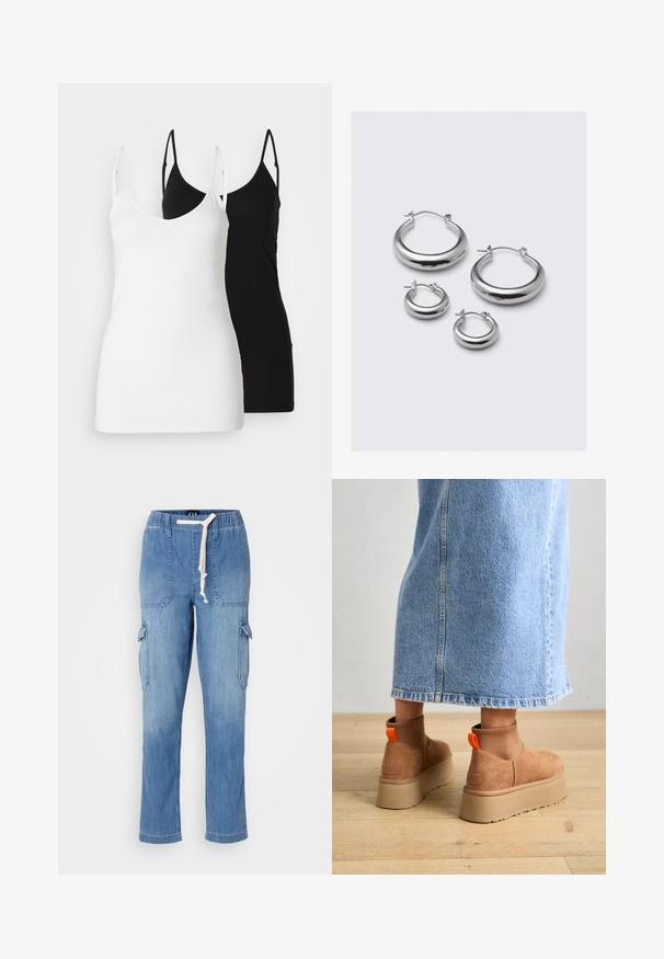 Dve dámske tielka: jedno biele a jedno čierne, vyrobené z mäkkého materiálu, s tenkými ramienkami a hlbokým výstrihom do V.; Svetlomodré denimové cargo nohavice s elastickým pásom, šnúrkou, bočnými vreckami a vreckami na stehnách.; Hnedé zamskové platformové čižmy s elastickými bočnými panelmi a oranžovými ťahákmi, v kombinácii s sukňou z ľahkého denimu po kolená, na drevenej podlahe.; Štyri páry strieborných kruhových náušníc rôznych veľkostí: veľké hladké kruhy a menšie zaoblené štýly s lešteným povrchom a jednoduchými sponami.