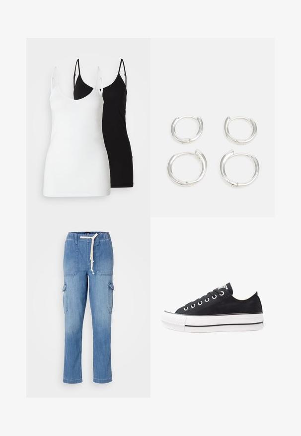 Divas divi sieviešu topi: viens balts, otrs melns, izgatavots no mīkstas auduma, ar plānām siksnām un dziļu V veida kakla izgriezumu.; Gai zila džinsu bikses ar elastīgu jostu, auklu, sānu kabatām un kabatām uz augšstilbiem.; Melnas kanvas kedas ar baltu gumijas zoli, apaļi purngali, zema dizaina, metāla acu caurumi un teksturēts purngals. Plāna melna svītra gar zoli.; Sudraba riņķveida auskari, ar gludu, pulētu virsmu. Divi pāri ar nedaudz atšķirīgu izmēru. Vienkāršs, apaļš dizains, viegli.