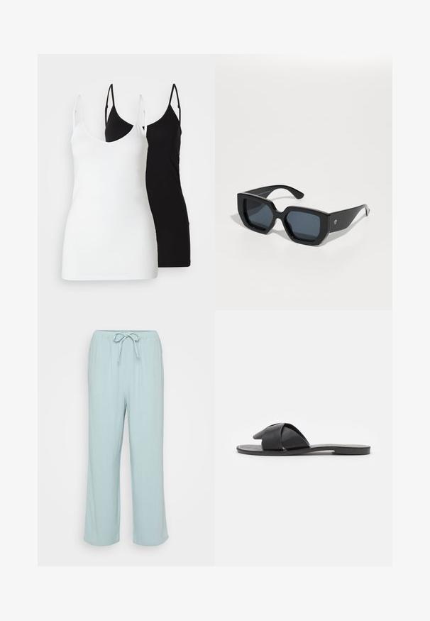 Két női top: az egyik fehér, a másik fekete, puha anyagból készült, vékony pántokkal és mély V-kivágással.; Világoskék, bő szárú, kényelmes nadrág, állítható derékkal. Puha, lélegző anyagból készült, sima felülettel.; Fekete, keresztpántos, slip-on szandál. Simább bőrből készült, lapos talppal és minimális varrással. Egyszerű, nyitott orrú dizájn.; Fekete, oversized napszemüveg geometrikus mintával, téglalap alakú lencsékkel és fényes felülettel. Az elülső részén nincs látható márkajelzés.