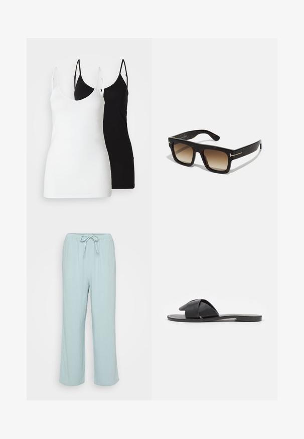 Dva ženska topa bez rukava: jedan bijeli i jedan crni, izrađeni od mekog materijala, s tankim naramenicama i dubokim V-izrezom.; Svijetloplave, široke lounge hlače s pojasom na vezanje. Izrađene od mekanog, prozračnog materijala s glatkom teksturom.; Crna sandala na sklizak s ukriženim trakama. Izrađena od glatke kože s ravnim potplatom i minimalnim šavovima. Jednostavan dizajn s otvorenim prstima.; Suncane naočale u boji kornjače sa kvadratnim okvirom, gradijentnim smeškim staklima i suptilnim zlatnim detaljima na sljepoočnicama.