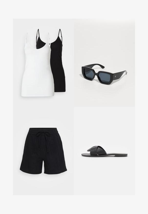 Deux débardeurs pour femmes : l'un blanc et l'autre noir, en tissu doux, avec des fines bretelles et un décolleté en V profond.; Shorts en lin noirs avec une taille élastique, cordon de serrage ajustable et texture verticale subtile. Coupe décontractée, longueur mi-thigh.; Sandale noire à enfiler avec des brides croisées. Fabriquée en cuir lisse avec une semelle plate et des coutures minimales. Design simple, à bout ouvert.; Lunettes de soleil noires surdimensionnées avec un design géométrique, des verres rectangulaires et une finition brillante. Pas de marquage visible à l'avant.; Boucles d'oreilles en argent en forme de boucle avec un design de nœud, finition lisse et texture polie. Style compact et minimaliste adapté à diverses occasions.
