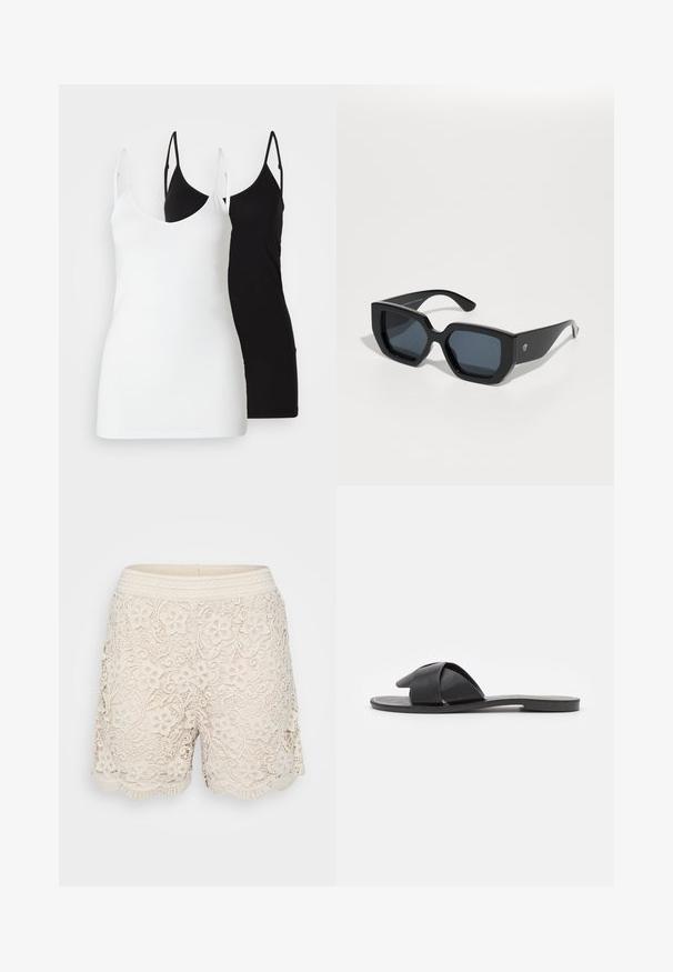Two women’s tank tops: one white and one black, made of soft fabric, featuring thin straps and a deep V-neck design.; Lace shorts in light beige with floral patterns, scalloped hem, and a textured woven waistband, featuring intricate detailing throughout.; Black slip-on sandal with crossed straps. Made of smooth leather with a flat sole and minimal stitching. Simple, open-toe design.; Black oversized sunglasses with a geometric design, rectangular lenses, and glossy finish. No visible branding on the front.
