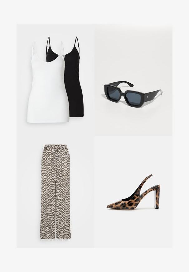 Två damtopp: en vit och en svart, gjorda av mjukt material, med tunna axelband och en djup V-ringning.; Breda byxor i lätt tyg med en brun bas och vita diamantmönster samt knytkrage för justerbar passform.; Leopardmönstrad slingback-pump med spetsig tå och transparent blockklack. Tillverkad av glansigt material med en slät textur.; Svarta överdimensionerade solglasögon med geometrisk design, rektangulära linser och blank yta. Ingen synlig märkning på framsidan.