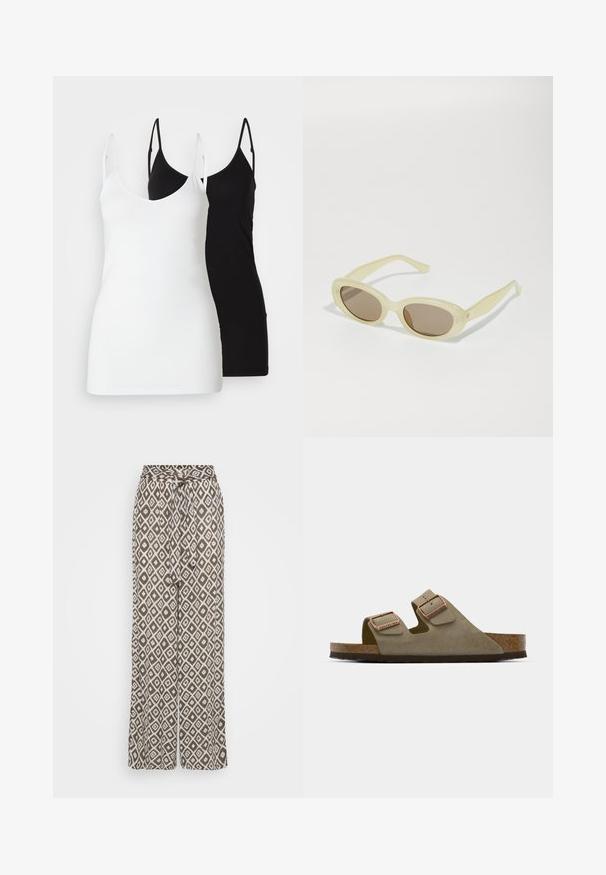 To kvinner i tank tops: en hvit og en svart, laget av mykt stoff, med tynne stropper og dyp V-hals.; Videbukser laget av lett stoff, med en brun base og hvite diamantmønstre, samt et knytebelte for justerbar passform.; Lys taupe mokkasinsandal med to justerbare stropper og rosegull hardware. Korkfotseng på en teksturert brun såle. Åpen tå-design.; Ovale solbriller med en gjennomsiktig lys gul ramme og brune linser. Har en jevn tekstur og subtile metallakenter på sidene.