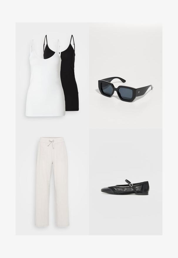 Deux débardeurs pour femmes : l'un blanc et l'autre noir, en tissu doux, avec des fines bretelles et un décolleté en V profond.; Pantalons en lin beige clair avec une coupe large, une taille élastique et un détail de nœud à l'avant. Le tissu texturé ajoute un intérêt visuel.; Chaussure plate noire avec un bout arrondi, dotée d'un panneau latéral en mesh et d'une sangle avec une boucle. Embout et talon en cuir lisse.; Lunettes de soleil noires surdimensionnées avec un design géométrique, des verres rectangulaires et une finition brillante. Pas de marquage visible à l'avant.
