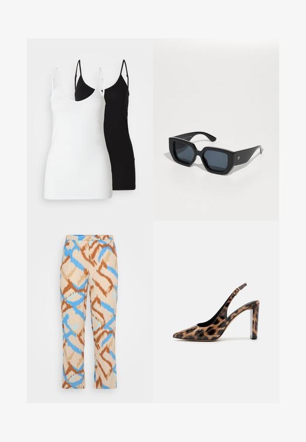 Dwa damskie topy na ramiączkach: jeden biały, a drugi czarny, wykonane z miękkiego materiału, z cienkimi ramiączkami i głębokim dekoltem w kształcie V.; Beżowe spodnie w wzory, z niebieskim i brązowym abstrakcyjnym wzorem. Wykonane z lekkiego materiału o prostym kroju nogawek.; Sandały na obcasie w panterkę z wąskim noskiem i przezroczystym słupkiem. Wykonane z błyszczącego materiału o gładkiej fakturze.; Czarne, oversize okulary przeciwsłoneczne o geometrycznym wzorze, prostokątne soczewki i błyszczące wykończenie. Brak widocznych oznaczeń na przedniej części.