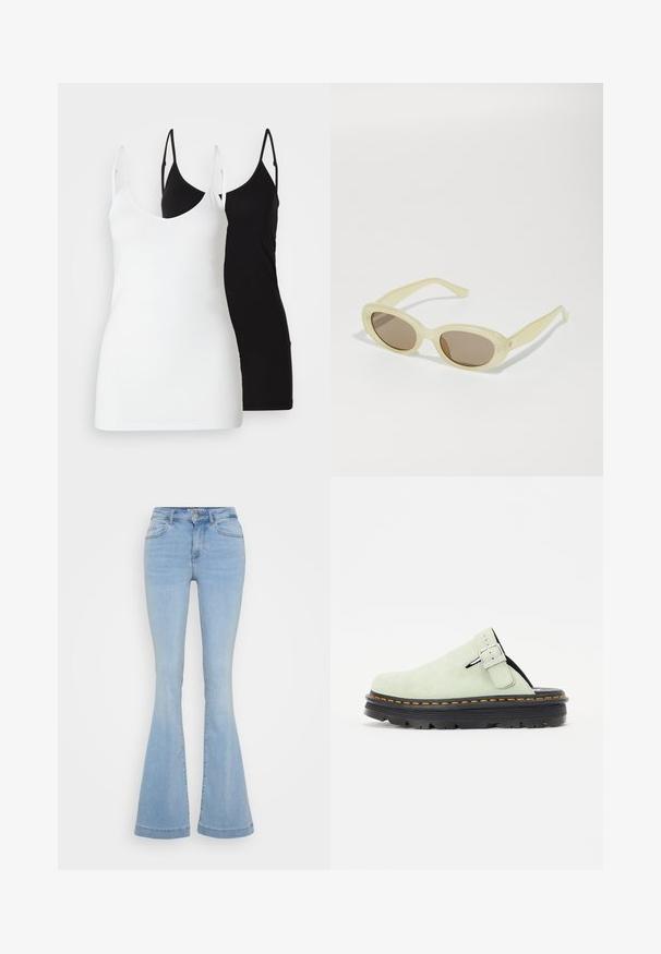 Dva ženska topa bez rukava: jedan bijeli i jedan crni, izrađeni od mekog materijala, s tankim naramenicama i dubokim V-izrezom.; Svijetloplave široke traperice s visokim strukom, koje imaju pet džepova i kontrastne šavove uz rubove.; Svijetlozeleni nubuk klompe s zaobljenim vrhom, podesivim remenom na kopču i crnom teksturiranom potplatu s narančastim detaljima šivanja.; Ovalne sunčane naočale s prozirnim svijetložutim okvirom i smešnim lećama. Imaju glatku teksturu i suptilne metalne detalje sa strana.