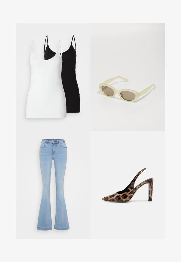 Two women’s tank tops: one white and one black, made of soft fabric, featuring thin straps and a deep V-neck design.; Light blue flared jeans made of denim, featuring a high waist, five pockets, and contrasting stitching along the seams.; Leopard print slingback pump with a pointed toe and transparent block heel. Made of glossy material with a smooth texture.; Oval sunglasses with a translucent pale yellow frame and brown lenses. Features smooth texture and subtle hardware accents on the sides.
