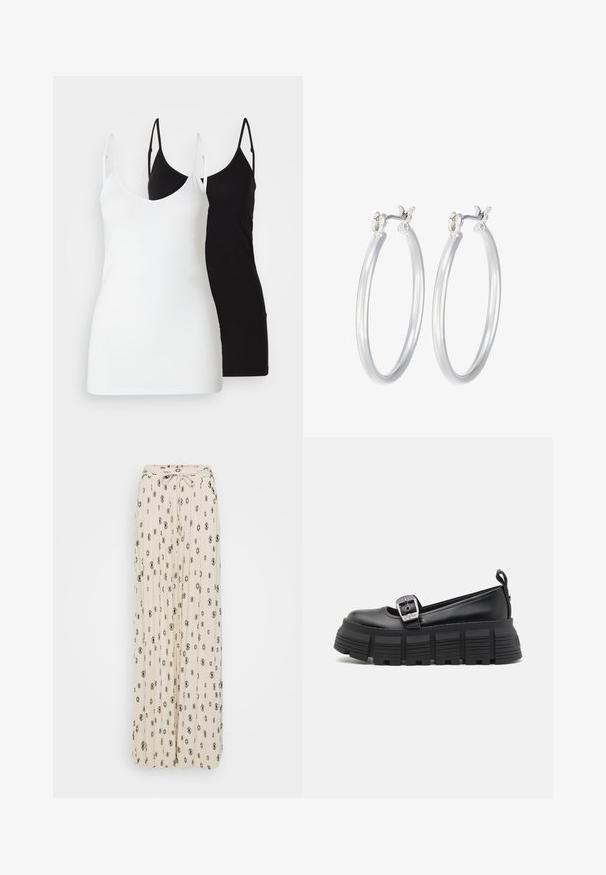 Due top di canottiera da donna: uno bianco e uno nero, realizzati in tessuto morbido, con spalline sottili e un design a profondo scollo a V.; Gonna maxi crema con motivi a diamante neri e floreali, tessuto plissettato, dettaglio in vita con lacci e design fluido.; Mocassini neri con platform, punta rotonda, tomaia in pelle liscia, fibbia regolabile e suola in gomma testurizzata con righe orizzontali.; Orecchini a cerchio in argento con una finitura liscia e lucida. Forma rotonda e chiusura a scatto sicura. Design leggero adatto per l'uso quotidiano.