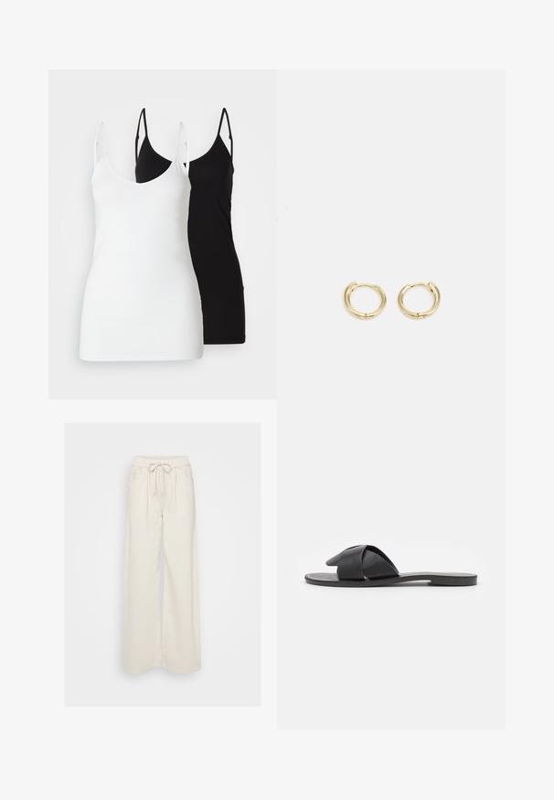 Du moteriški marškiniai be rankovių: vieni balti, kiti juodi, pagaminti iš minkštos medžiagos, su plonomis petnešėlėmis ir giliu V formos iškirpimu.; Kreminės spalvos plačiakojės kelnės, pagamintos iš minkštos medžiagos, su elastinga juosmens juosta ir raišteliu. Yra dvi šoninės kišenės.; Juodos slip-on šlepetės su kryžminėmis dirželiais. Pagamintos iš lygios odos, su plokščiomis padais ir minimaliais siūlais. Paprastas, atviras pirštų dizainas.; Auksiniai auskarai su sklandžiu, apvaliu dizainu. Savybės: mažas uždarymo mechanizmas, lengvas įvaizdis ir poliruotas paviršius.