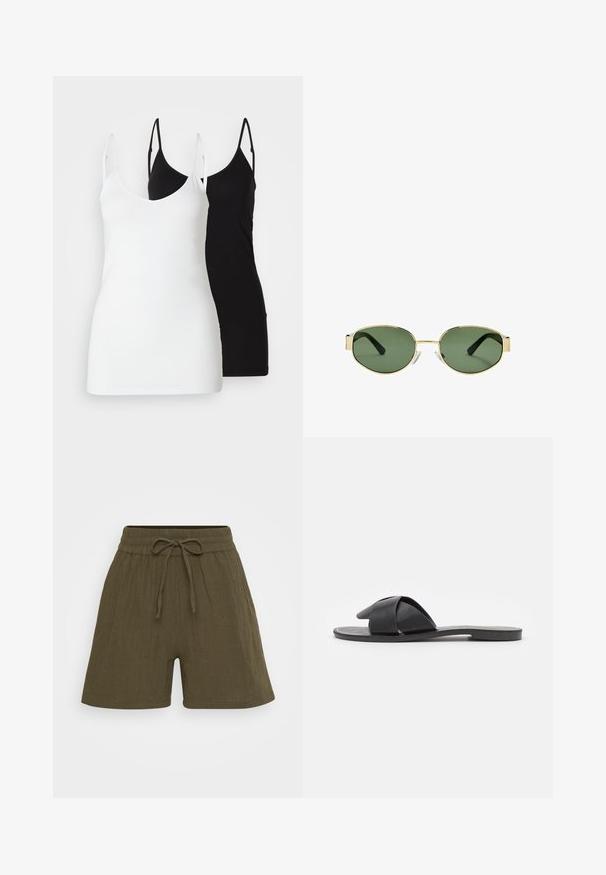 Two women’s tank tops: one white and one black, made of soft fabric, featuring thin straps and a deep V-neck design.; Olive green linen shorts with a wide leg design, elastic waistband with a drawstring, and subtle texture.; Black slip-on sandal with crossed straps. Made of smooth leather with a flat sole and minimal stitching. Simple, open-toe design.; Gold metal-framed sunglasses with green tinted lenses, oval shape, black temples, and clear nose pads. Clean, minimalist design.