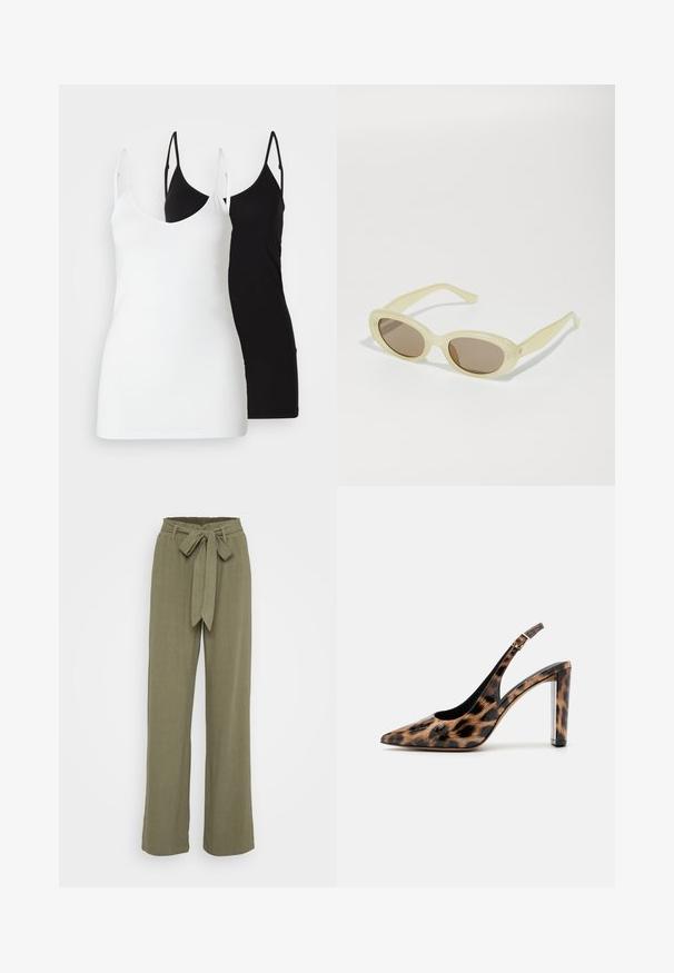 Dvě dámské tílka: jedno bílé a jedno černé, vyrobená z měkké látky, s tenkými ramínky a hlubokým výstřihem do V.; Olivově zelené kalhoty s volnými nohavicemi a páskem v pase, vyrobené z texturované látky, s hladkým povrchem a upraveným střihem.; Sandalové lodičky s leopardím potiskem, špičatou špičkou a průhledným blokovým podpatkem. Vyrobené z lesklého materiálu s hladkým povrchem.; Oválné sluneční brýle s průhledným bledě žlutým rámem a hnědými čočkami. Mají hladkou texturu a jemné kovové akcenty po stranách.