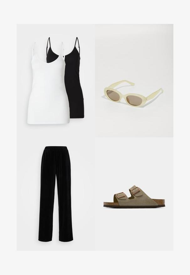 Kaks naiste topsi: üks valge ja teine must, pehmest kangast, õhukeste rihmadega ja sügava V-kaelusega.; Mustad, pikad, laiad püksid, mis on valmistatud pehmest, sametisest kangast ja millel on veniv vöökoht. Sile tekstuur ja ühtlane värv, ilma nähtavate mustrite või aksessuaarideta.; Heledad taupe suedsandaal, millel on kaks reguleeritavat rihma ja roosast kullast detailid. Korkpadi tekstureeritud pruunil tallal. Avatud varvaga disain.; Ovaalsed prillid, millel on läbipaistev helekollane raam ja pruunid läätsed. Omavad sileda tekstuuri ja peeneid detailide aktsente külgedel.