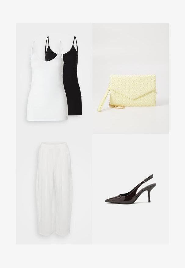 Două topuri pentru femei: unul alb și unul negru, realizate dintr-un material moale, având bretele subțiri și un decolteu în V adânc.; Pantaloni albi, lejer ajustați, cu o siluetă relaxată, realizați dintr-un material texturat. Prezintă o talie elastică și un design cu picioare drepte.; Pantof cu toc înalt Slingback din piele sintetică lucioasă de culoare maro închis, vârf ascuțit, laterale deschise și curea ajustabilă la glezne.; Poșetă de mână țesută, de culoare galbenă, cu un design cu clapetă, curea detașabilă pentru încheietura mâinii și un accent din lanț auriu. Textură netedă și formă rectangulară.