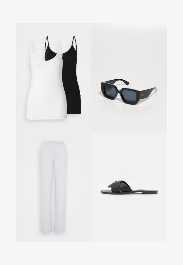 Dois tops de mulher: um branco e um preto, feitos de um tecido suave, com alças finas e um design de decote em V profundo.; Calças cinza claro com um design de perna reta, feitas de tecido suave, apresentando uma frente lisa, cós e sem enfeites visíveis.; Sandal de slip-on preta com tiras cruzadas. Feita de couro liso com sola plana e costura mínima. Design simples e de dedo aberto.; Óculos de sol oversized pretos com um design geométrico, lentes retangulares e acabamento brilhante. Sem marca visível na parte da frente.