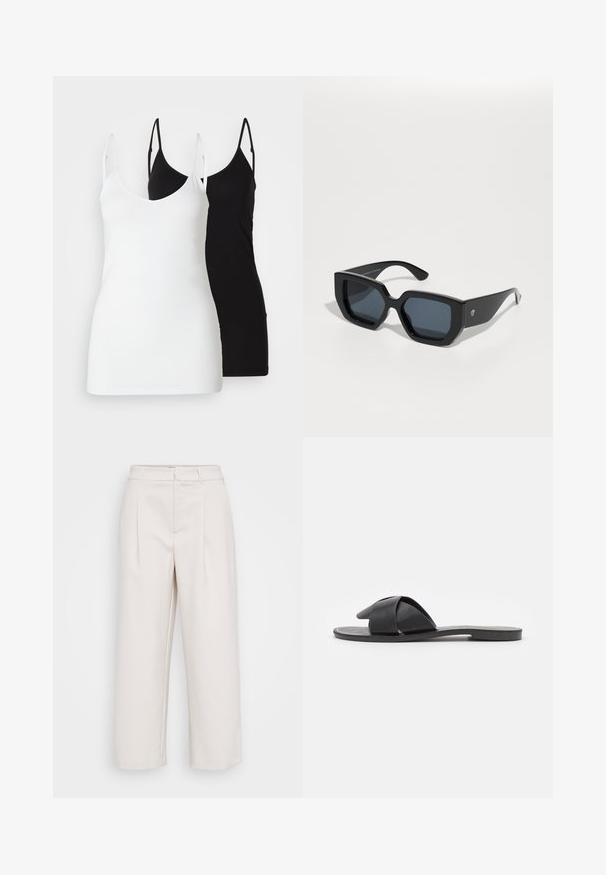 Două topuri pentru femei: unul alb și unul negru, realizate dintr-un material moale, având bretele subțiri și un decolteu în V adânc.; Pantaloni bej cu picioare largi, realizați dintr-un material neted, cu două pliuri frontale, o talie cu bucle pentru curea și un tiv drept.; Sandale negre tip slip-on cu curele intersectate. Realizate din piele netedă, cu o talpă plată și cusături minime. Design simplu, cu vârful deschis.; Ochelari de soare de mari dimensiuni, negri, cu un design geometric, lentile rectangulare și finisaj lucios. Fără branding vizibil pe față.