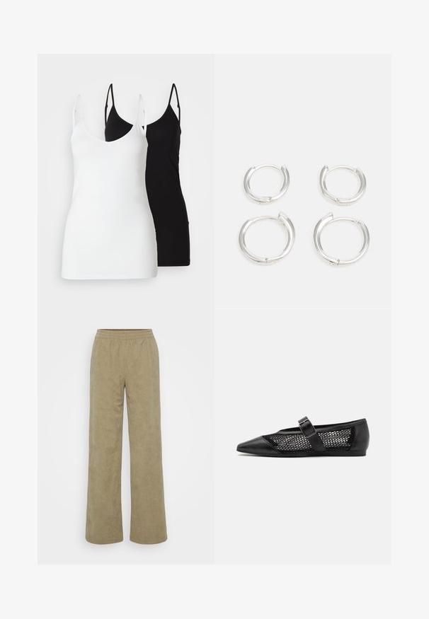 Two women’s tank tops: one white and one black, made of soft fabric, featuring thin straps and a deep V-neck design.; Wide-leg corduroy pants in a muted olive green color. Features textured lines, elastic waistband, and a relaxed fit. No pockets visible.; Black flat shoe with a pointed toe, mesh side panels, and a strap with a buckle detail. Smooth finish on the toe and heel sections.; Silver hoop earrings, featuring a smooth, polished finish. Two pairs with a slightly different size. Simple, circular design, lightweight.