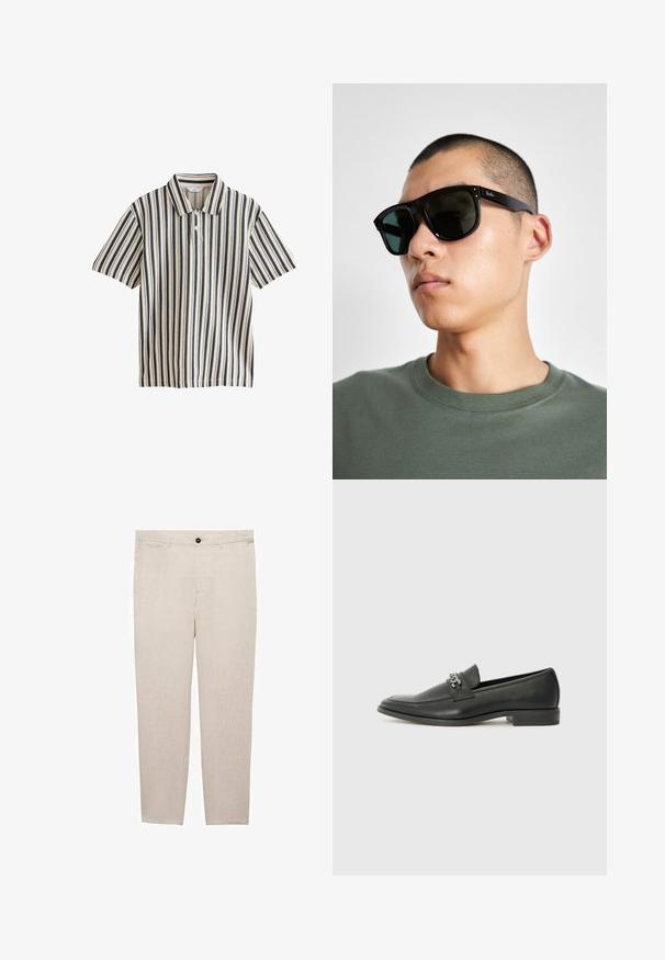 Koszulka polo z krótkim rękawem w kolorze kremowym z pionowymi niebieskimi paskami. Posiada kołnierzyk oraz zapięcie na guziki. Gładka tekstura.; Mango OYSTER mleczny; Czarne skórzane mokasyny o gładkim wykończeniu, z haftowanym wzorem i dekoracyjnym akcentem z metalowego łańcucha na wierzchu. Płaska pięta.; Czarne prostokątne okulary przeciwsłoneczne z ciemnymi szkłami, o charakterystycznym kształcie i logo na zauszniku. Noszone przez osobę w zielonej koszuli.