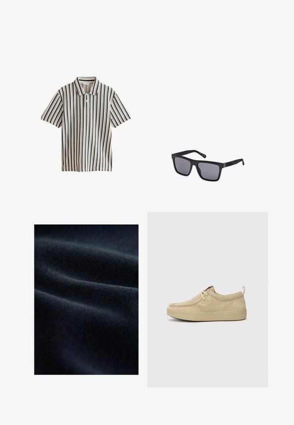 Kreemi lyhythihainen polo-paita, jossa on pystysuorat tummansiniset raidat. Ominaisuuksiin kuuluu kauluskone ja nappisulku. Sujuva pinta.; Laivastonsininen kangas, jossa on teksturoitu kudonta, pehmeät taitteet ja sileä pinta, heijastaen valoa hienovaraisesti.; Beige mokkasiinit, joissa on pyöreä nenä, minimivaraus ja kumipohja. Pehmeä rakenne ja hillitty brändiaccentti kantapäässä.; Mustat suorakulmaiset aurinkolasit tummilla linsseillä, matta viimeistelyllä ja logoyksityiskohdalla temppelissä. Suunnittelussa on suorat reunat ja paksut kehykset.