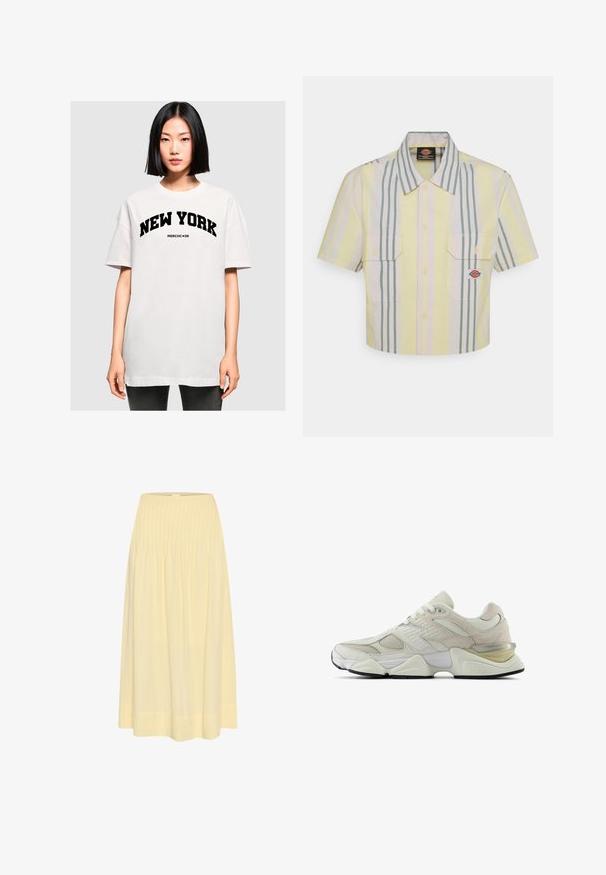 Hvid oversized t-shirt med "NEW YORK" i fed sort skrift. Korte ærmer og rund halsudskæring, lavet af blødt bomuldsstof.; Kraftig kortærmet skjorte i lysegul med lodrette grønne og pastelfarvede striber. Har to brystlommer og et logo-patch på venstre lomme.; My Essential Wardrobe Maxinederdele - double cream; Hvide sneakers med mesh- og ruskindsoverside, rund tå og polstret krave. Har refleksdetaljer og en tyk, struktureret sål.
