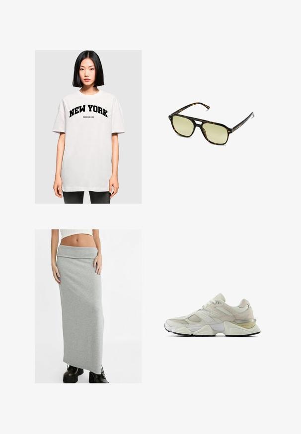 Weißes oversize T-Shirt mit dem Aufdruck "NEW YORK" in fetter schwarzer Schrift. Kurzärmlig und mit rundem Halsausschnitt, aus weichem Baumwollmaterial hergestellt.; Stradivarius FOLD OVER WAIST - Maxirock - grey; Weißer Sneaker mit Obermaterial aus Mesh und Wildleder, runder Zehenpartie und gepolstertem Kragen. Verfügt über reflektierende Akzente und eine dicke, strukturierte Sohle.; Schildkrötensonnenbrille mit rechteckiger Form, grün getönten Gläsern und gemusterten Acetatrahmen. Verfügt über metalliche Akzente in der Nähe der Gläser.