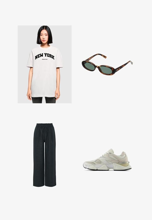 Witte oversized t-shirt met de tekst "NEW YORK" in vette zwarte letters. Korte mouwen en een ronde halslijn, gemaakt van zachte katoen.; Zwarte linnen broek met wijde pijpen, een elastische tailleband en verstelbaar trekkoord. Voorzien van plooien aan de voorkant voor extra volume.; Witte sneaker met een bovenwerk van mesh en suede, ronde neus en een gewatteerde kraag. Heeft reflecterende accenten en een dikke, gestructureerde zool.; schildpadbril met ovale monturen en groene lenzen. Heeft dunne spijlen met een metalen accent nabij de scharnieren.