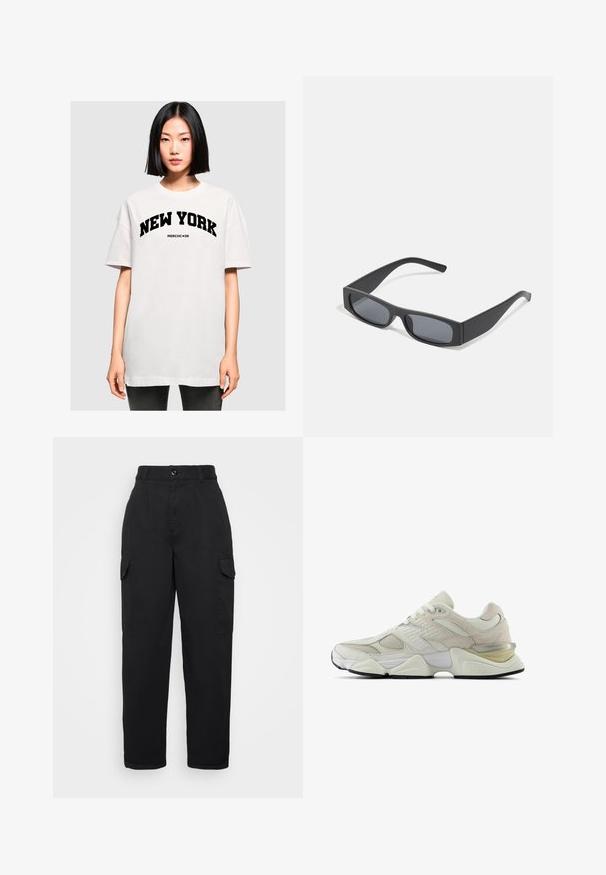 Biele oversized tričko s nápisom "NEW YORK" v tučnom čiernom písmene. Krátke rukávy a okrúhly výstrih, vyrobené z jemného bavlneného materiálu.; Čierne cargo nohavice s vysokým pásom, prednými náplecami, dvoma bočnými vreckami a uvoľneným strihom, vyrobené z pevnej látky s hladkou textúrou.; Biele tenisky s sieťovaným a semišovým zvrškom, zaoblenou špičkou a polstrovaným golierom. Obsahujú reflexné prvky a hrubú, štruktúrovanú podrážku.; Čierne obdĺžnikové slnečné okuliare s tmavými sklami a hrubými matnými rámami. Ramena sú mierne zúžené s hladkým povrchom.