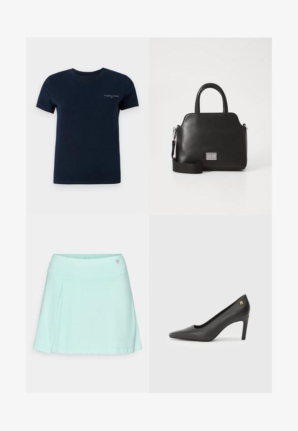 Tricou din bumbac de culoare albastru marin, cu guler rotund, mâneci scurte, având un mic logo alb "TOMMY JEANS" în zona stângă a pieptului.; Skort verde mentă dintr-un material moale, cu un tiv ajustat și un design plisat. Conține un detaliu subtil cu logo pe talie.; Pantofi cu toc înalt din piele patent neagră, cu vârf ascuțit, având un mic accent de logo auriu la toc. Textură netedă, design elegant.; Geantă sintetică neagră cu mânere superioare, curea de umăr detașabilă, formă rotundă, textură netedă și accent cu logo argintiu pe față.