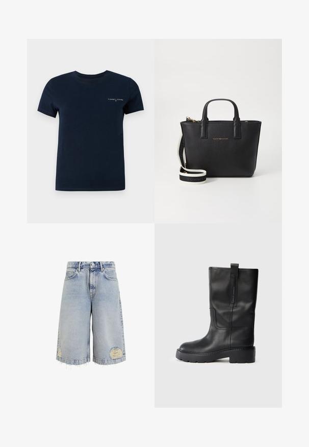 Tamsiai mėlynas medvilninis marškinėliai, apvaliu kaklu, trumpomis rankovėmis, su mažuoju baltu "TOMMY JEANS" logotipu ant kairiojo krūtinės šono.; Šviesiai mėlyni džinsiniai šortai su platėjančia sukirpimo forma, suplėšytomis apačiomis ir nusidėvėjimo vietomis su matomomis siūlėmis. Klasikinis penkių kišenių dizainas.; Juodos odinės kelio ilgio bootai su elegantišku dizainu, turintys storą padas ir šoninius traukimo antkaklius patogiam užsitempimui. Išskirtiniai siuvimo akcentai.; Juodas odinis rankinukas su metaliniu auksiniu logotipu. Rinkinyje yra dvi viršutinės rankenos ir nuimama juosta su juodai baltais užrašais. Švelni tekstūra.