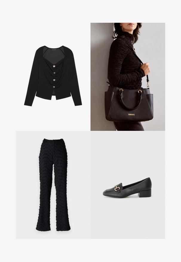 Top negro de manga larga con escote en V profundo, detalle de fruncido en el delantero y cinco botones en tono plateado. Tejido suave, hem corto.; Pantalones acampanados negros hechos de tejido texturizado con acentos en relieve y en forma de puntos, que cuentan con una cintura alta y un diseño sin costuras.; Mocasines de cuero negro con tacón plano, que cuentan con un detalle decorativo de hardware dorado en la parte frontal y una textura suave.; Bolso negro con superficie texturizada, doble asa superior y correa para hombro ajustable. Presenta herrajes en tono dorado y bolsillos laterales.