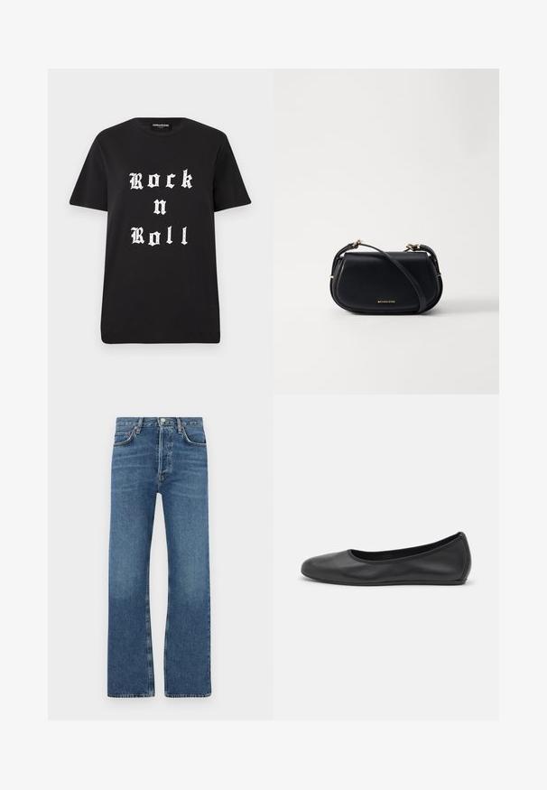 Must musta T-särk, millel on julgelt valge gooti stiilis tekst "Rock n Roll". Klassikaline ümmargune kaelus ja lühikesed varrukad.; Tumesinised teksad, mis on valmistatud denimist, sirge jala disainiga, viie taskuga, nööbist sulgemisega ja õrnade kulunud kohtadega reitel.; Musthave mustika tantsutossud mustast nahast, ümmarguse varbaga, siledast tekstuurist, minimaalse õmblusdetailiga ja paindliku tallakujundusega.; Must kastanjaruunist risti-kott, millel on kõver kuju, kuldsed metalldetailid, reguleeritav rihm ja ees kuldne logo.