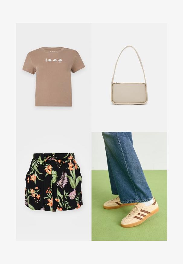 Hnědé bavlněné tričko s kulatým výstřihem. Obsahuje bílé grafické prvky: kaktus, slunce, vlnu, ruku a srdce. Krátké rukávy.; Černé šortky s barevným květinovým vzorem v oranžových a zelených odstínech, elastickým pasem se stahovací šňůrkou a bočními kapsami.; Beige tenisky s texturovanými krémovými panely a hnědými pruhy, kombinované s modrými džínovými kalhotami. Džínsy mají široké nohavice a roztrhaný lem.; Even&Odd Kabelka - off white