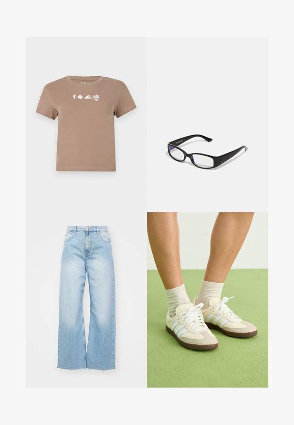 Ruskea puuvillainen t-paita, jossa on pyöreä kaula-aukko. Täydentää valkoiset graafiset elementit: kaktus, aurinko, aallot, käsi ja sydän. Lyhyet hihat.; Vaaleansiniset leveälahkeiset farkut, joissa on korkeavyötärö, haalistuneet yksityiskohdat, nappikiinnitys ja raidan reunat alaosassa.; Samba-tennarit cream- ja beige-sävyissä, joissa on kolme vaaleansinistä raitaa, valkoiset nauhat ja ruskeat kumipohjat.; Mustat suorakulmaiset vahvuuslasit, joissa on kirkkaat linssit. Kiiltävä pinta, kapeat sanganvarret ja violetit sävyt näkyvät linssien reunoilla.