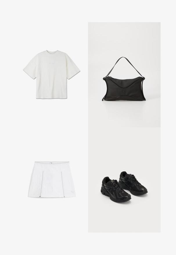 T-shirt blanche à manches courtes côtelées, avec un col rond et un logo minimaliste brodé à l'avant. Design ajusté. ; Jupe de sport blanche avec une taille plate, des poches zippées de chaque côté et un détail logo en bas à droite. Tissu lisse et léger.; Chaussures de sport noires en maille et en matériaux synthétiques. Elles disposent d'une semelle rembourrée, de motifs texturés et d'un logo en relief sur le côté.; Sac à main noir en matériau doux et texturé. Présente un design ondulé, une bandoulière unique et un détail logo subtil à l'avant.