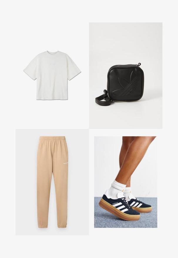 Weißes, geripptes T-Shirt mit kurzen Ärmeln, Rundhalsausschnitt und minimalistischem gesticktem Logo auf der Vorderseite. Lockere Passform.; Beige Jogginghose mit elastischem Bund, schmal zulaufenden Beinen und seitlichen Taschen. Auf dem linken Oberschenkel befindet sich der kleine weiße Schriftzug "PEGADOR".; Schwarze Wildledersneaker mit weißen Streifen und Akzenten, rundlicher Zehenbereich, Sohlen aus braunem Gummi, kombiniert mit weißen, gerippten Sneakersocken.; Schwarze Umhängetasche aus strukturiertem synthetischem Material. Verfügt über ein eingeprägtes Logodesign und einen verstellbaren Riemen. Mit Reißverschluss geschlossen.